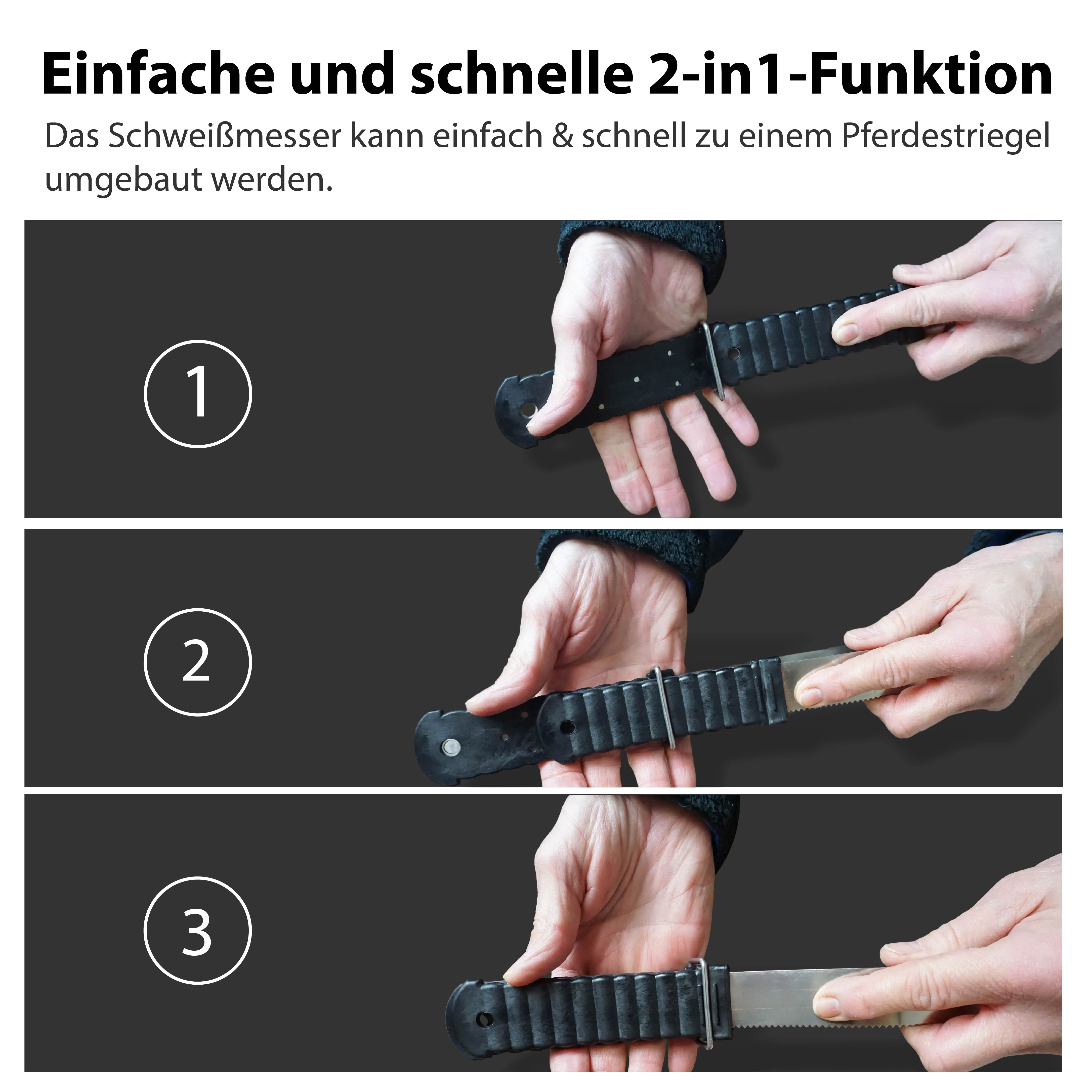 Schweißmesser für Pferde – Metallstriegel mit 2-Fach Funktion